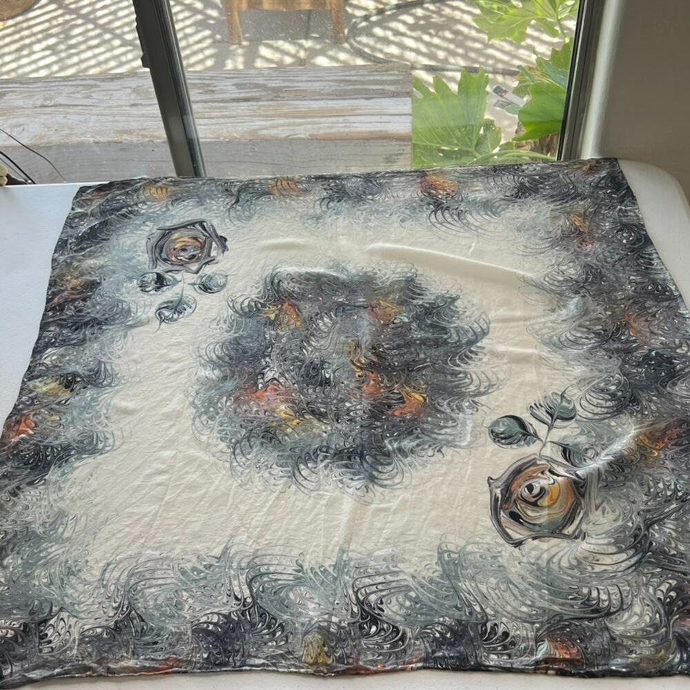 Marble Swirl Silk Scarf Hand Marbled Square Ivory Black Gray Hand Rolled Hem 30"